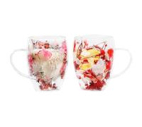 LeKuni Confezione da 2 bicchieri da latte macchiato con fiori secchi, da 350 ml, a doppia parete, per cappuccino, per tè, gelato, tè freddo, iced americano, rosa e rosso