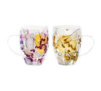LeKuni Confezione da 2 bicchieri da latte macchiato con fiori secchi, da 350 ml, a doppia parete, per cappuccino, per tè, gelato, tè freddo, Iced Americano, viola e giallo