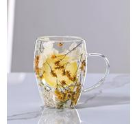 LeKuni Tazzine Caffe Vetro Con Fiori Secchi, Tazzine Caffe Particolari Da 350Ml, Regalo Natale Donna, Tazze Caffe In Vetro Trasparente Per Cappuccino, Nespresso, Latte, Tè(giallo)