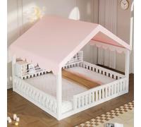 Lekvvied Letto Montessori 140x200 cm, Letto per Bambini con Baldacchino, Luce LED e Libreria, Letto a Terra in Legno a Forma di Casa, Bianco