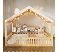 Lekvvied Letto Montessori 140x200 cm, Letto per Bambini con Baldacchino, Luce LED e Libreria, Letto a Terra in Legno a Forma di Casa, Naturale