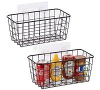 LeleCAT Hanging Kitchen Baskets For Storage Adhesive Sturdy Small Wire Storage Baskets with Kitchen Food Pantry Bathroom Shelf Storage No Drilling Wall Mounted,2 PACK,Black