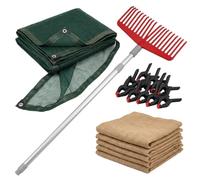 Lemag Kit Raccolta Olive Completo - Rete Antispina 6x6 m con Taglio a Metà e Bordo Rinforzato, Scopa Raccogli Olive 22 Denti con Manico Telescopico 160/300 cm, 10 Morsetti a Molla e 5 Sacchi in Juta