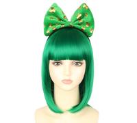 LeMarnia Parrucca a caschetto verde per festa di San Patrizio con fiocco trifoglio per ragazze o donne accessori costume irlandese parrucca