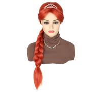 LeMarnia Parrucca da principessa con treccia lunga rossa da donna, con corona e collana, per costume di Halloween e cosplay