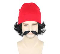 LeMarnia Parrucca nera da uomo anni '70 e barba rossa lavorata a maglia cappello set parrucca costume per Halloween