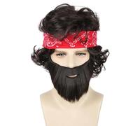 LeMarnia Set di parrucca da uomo e turbante con barba finta, capelli corti e ricci, per Halloween, cosplay, feste in costume, parrucche divertenti