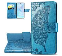 LEMAXELERS Custodia Galaxy A41 Cover Portafoglio,Galaxy A41 Custodia Bling Strass Brillant Fiore Farfalla Rilievo Wallet Shock-Absorption Magnetica Leather Flip Cover,SD Butterfly Blue
