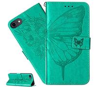 LEMAXELERS Custodia iPod Touch 5 / iPod Touch 6/7 Cover Portafoglio,iPod Touch 5 Custodia Fiore di Farfalla in Rilievo Wallet Shock-Absorption Magnetica Supporto Leather Flip Cover,YB Die Green