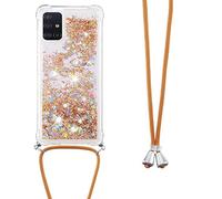 LEMAXELERS Custodia per Cellulare con Corda Collana per Galaxy M51 Case,Glitter Bling Liquido Sabbie Mobili Bumper Case TPU Cover con Collana Cordoncino Cordino Case,GS Gold Love
