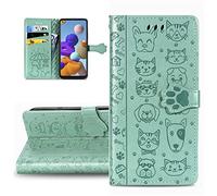 LEMAXELERS Custodia per Oppo A5 2020 / A9 2020 Cover Portafoglio A5 2020 Custodia Carino Bel Gatto Cane in Rilievo Gatto Cane Wallet Shock-Absorption Magnetica Leather Flip Cover,SD Cat Green