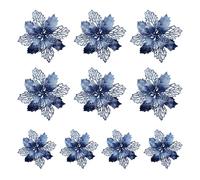 LEMCC 10 stelle di Natale artificiali, decorazioni con clip, fiori di stella di Natale blu glitterati, ornamenti per albero di Natale per feste di Natale, ghirlande fai da te, 11 cm