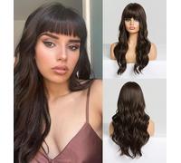 LEMEIZ Chocolate Brown Wigs with Fringe, Dark Brown Wigs for Women, Synthetic Bang Wig, Wavy Long Brown Hair Wig, 22 inch LEMEIZ-147