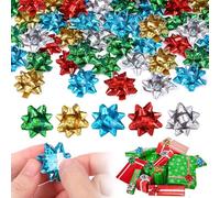 LEMESO Fiocchi per Pacchi Regalo Natalizi Fiocchi Rossi 100 pz Confezioni Regalo Natalizie Fiocchetti Natale 5 Colori Laser Stelle Decorativi con Adesivi per Compleanno