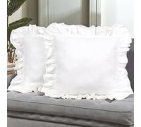 Lemfux Set di 2 federe per cuscini in cotone con volant, 61 x 61 cm, colore bianco, stile shabby chic, federe decorative femminili con volant