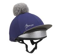 LeMieux Cappello da equitazione in seta con pompon blu inchiostro con tessuto elasticizzato a 4 vie coordinate con strati di base e sottosella, taglia unica