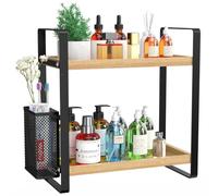 LEMIKKLE Organizer per il piano di lavoro del bagno, vassoio per profumo e organizer per cosmetici, organizer per la cura della pelle con cestino, organizer per bagno, cucina, comò, WOOD RACK-01