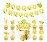 Lemon - Set di decorazioni per feste a tema, striscione giallo "Happy Birthday", topper per torte e cupcakes, ideale per frutta estiva, feste a tema e sfondi fotografici