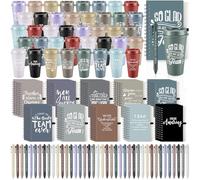 LemonRoad 120 bicchieri di plastica con coperchio e cannuccia, ideali come regalo di apprezzamento per i dipendenti, con coperchio e cannuccia, mini taccuino a spirale e penna, regalo di