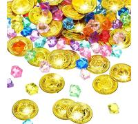 LEMONSTONE 200 pezzi tesoro dei pirati, 100 pietre preziose per bambini e 100 monete d'oro per bambini per pirati, decorazione di compleanno per bambini, festa dei pirati, compleanno dei bambini,