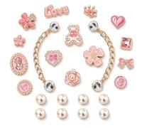 LEMONSTONE Set di 24 ciondoli per scarpe, rosa scintillanti, con perle e fiori, accessori decorativi fai da te per ragazze, donne, bambini