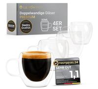 Lemontree Set di 4 tazze da caffè da 80 ml, lavabili in lavastoviglie a 180 gradi, resistenti al calore, qualità gastronomica, bicchieri a doppia parete con manico in vetro borosilicato, bicchieri da