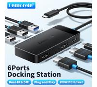 Lemorele TC122 Docking station hub USB C 6 in 1 doppia HDMI e DP 4K per MacBook Dell HP 100W PD USB 3.0 Adattatore multi monitor