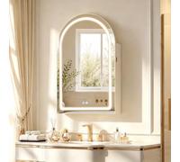 LEMROE Specchio Bagno Contenitore,Specchio curvo, con presa, luce a LED | Montato a parete, sull'unità di stoccaggio del bagno, scaffali regolabili in vetro e specchio HD anti-nebbia, ricarica USB
