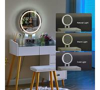 LEMROE Tavolo da toeletta con illuminazione a LED, tavolo da toeletta con piano in vetro temperato, tavolo cosmetico con 5 cassetti e sgabello imbottito per camera delle ragazze
