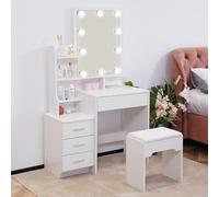 LEMROE Tavolo da Toeletta Trucco con Specchio LED e Sgabello, Postazione Trucco Hollywood con 7 Ripiani e 4 Cassetti, Toilette/Toletta da Trucco per Donne e Ragazze, Mobile Moderno per Camera da Letto