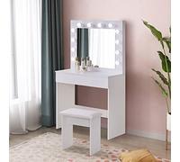 LEMROE Toeletta bianca con 1 grande cassetto e sgabello, tavolo da trucco con luci LED Hollywood, mobili per la casa e la camera da letto (bianco, 1 cassetto)
