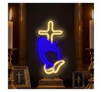 LEMST Luci al Neon Da Parete Insegna Al Neon Con Mani In Preghiera E Croce Luce Cristiana Dimmerabile USB Per Chiesa Sala Di Preghiera Fede Religiosa Decorazione Da Parete 17cmx31.5cm