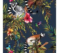 Lemure Giungla Tropicale Fiori Esotico Uccelli Animali Blu Scuro 12403 Parati