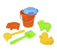 Lena 05416 Happy Sand Set, 7 pezzi, set di sabbia con secchio, colino, 3 pirottini (agnello, anatra, maiale), rastrello e pala, giocattolo di sabbia per bambini dai 12 mesi, multicolore
