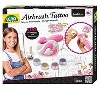 Lena 42443 - Aerografo Tattoo Studio con 100 stencil e 4 colori glitterati, set spray per tatuaggi sulla pelle, spray per tatuaggi colorati per bambini, set di tatuaggi per bambini a partire dagli 8