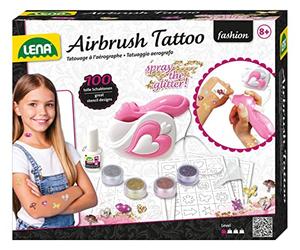 Lena 42443 - Aerografo Tattoo Studio con 100 stencil e 4 colori glitterati, set spray per tatuaggi sulla pelle, spray per tatuaggi colorati per bambini, set di tatuaggi per bambini a partire dagli 8