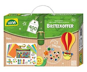 Lena 42713 - Cassetta fai da te, materiale per il fai da te, carta espansa, detergente per pipe, occhi oscillanti, pompon, steli di ghiaccio, bottoni e molto altro ancora, per bambini dai 5 anni in