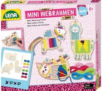 Lena® Mini telaio per tessere Animali, contiene 3 mini telai, bradipo e lama in compensato, sei filati colorati e adesivi metallici colorati
