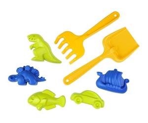 LENA - set di sabbia, set di 7 pezzi con pala e rastrello, T-Rex, Stegosauro, pesce, auto e nave vichinga, adatto a partire da 12 mesi, confezionato in rete