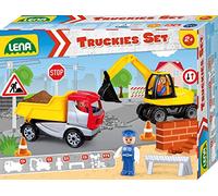 Lena Truckies 01631 - Set da Cantiere, 23 Pezzi, Contenuto: Camion Ribaltabile ca. 22 cm, Escavatore ca. 25 cm, 3 Personaggi da Gioco e 17 cartelli stradali e piloni, Veicoli da Costruzione e