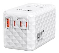 LENCENT 140W Adattatore Universale da Viaggio, Adattatore Presa con 1 USB-A | e 3 USB-C, Caricatore Alimentazione Rapida per Telefono Cellulare, Laptop, Spina Internazionale per UK, EU, AUS, USA, Bianco