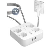 LENCENT 4 Prese Schuko a Spina Piatta, Ciabatta con Protezione da Sovratensione, 4 Prese AC, 3 USB e 1 Porta Tipo C, Multipresa Salvaspazio con Cavo Intrecciato da 2M per Cucina, Soggiorno, Ufficio