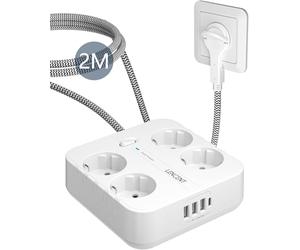 LENCENT 4 Prese Schuko a Spina Piatta, Ciabatta con Protezione da Sovratensione, 4 Prese AC, 3 USB e 1 Porta Tipo C, Multipresa Salvaspazio con Cavo Intrecciato da 2M per Cucina, Soggiorno, Ufficio
