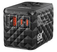 LENCENT 65W Adattatore Universale da Viaggio, Adattatore Presa con 2 USB-A & 3 USB-C, Caricatore Alimentazione Rapida per Telefono Cellulare, Laptop, Spina Internazionale per UK, EU, AUS, USA -Nero