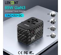 LENCENT Adattatore da viaggio universale GaN da 65 W con 2 USB 3 Tipo C Caricatore da viaggio all-in-one a ricarica rapida EU/UK/USA/AUS per i viaggi