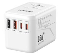 LENCENT Adattatore da Viaggio Universale, GaN3 65W Caricatore Internazionale con 2 QC4.0 USB 2 PD3.0 USB-C PPS a Ricarica Rapida, Adattatore Presa AC in Tutto il Mondo, Spina di USA/UK/EU/AUS