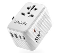 LENCENT Adattatore Presa Universale da Viaggio, Caricatore da Viaggio con 5 Porte USB, PD 65W Ricarica Veloce, Presa Internazionale, Spina EU/UK/USA/AUS per Cellulari, Tablet, Laptop -Bianco