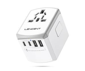 LENCENT Adattatore Universale da Viaggio, Caricatore Internazionale | 2 USB-A e 2 USB-C e Presa AC a Muro, Adattatore Spina Universale per EU USA UK AUS, Caricabatterira USB per Telefono -Bianco