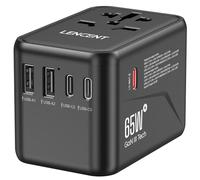 LENCENT Adatttaore Universale da Viaggio, GaN III 65W Caricatore Internazionale con 2 USB-A e 3 Type-C PD Ricarica Rapida, Adattatore a Muro Mondiale per Telefono, Laptop, Spina Tipo A/C/G/I -Nero