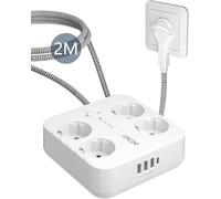 LENCENT Ciabatta con Protezione da Sovratensione, 4 Schuko a Spina Piatta | 4 Prese AC, 3 USB e 1 Porta Tipo C, Multipresa Salvaspazio con Cavo Intrecciato da 2M per Cucina, Soggiorno, Ufficio